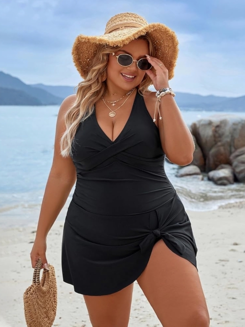 BLOOMING JELLY - 3X Black 1 Piece V-Neck Swim Dress with Side Knot